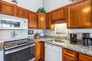 Fridge, microwave, dishwasher, coffee/tea maker