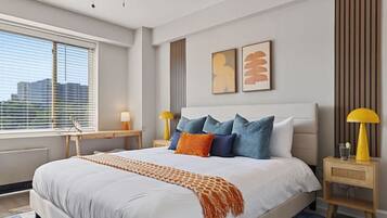 1 bedroom, desk, iron/ironing board, travel crib