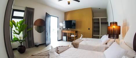 1 dormitorio, tabla de planchar con plancha, ropa de cama