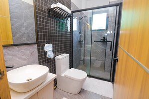 Shower, towels, soap, toilet paper