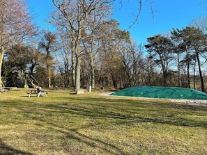 A park with a picnic table, a green play area, and trees. - 4 Star Holiday Home in Allinge (Allinge)