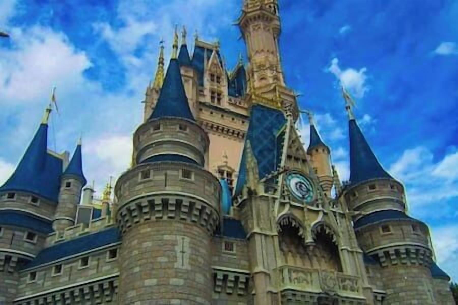 A castle-like structure with multiple towers and a prominent clock tower.