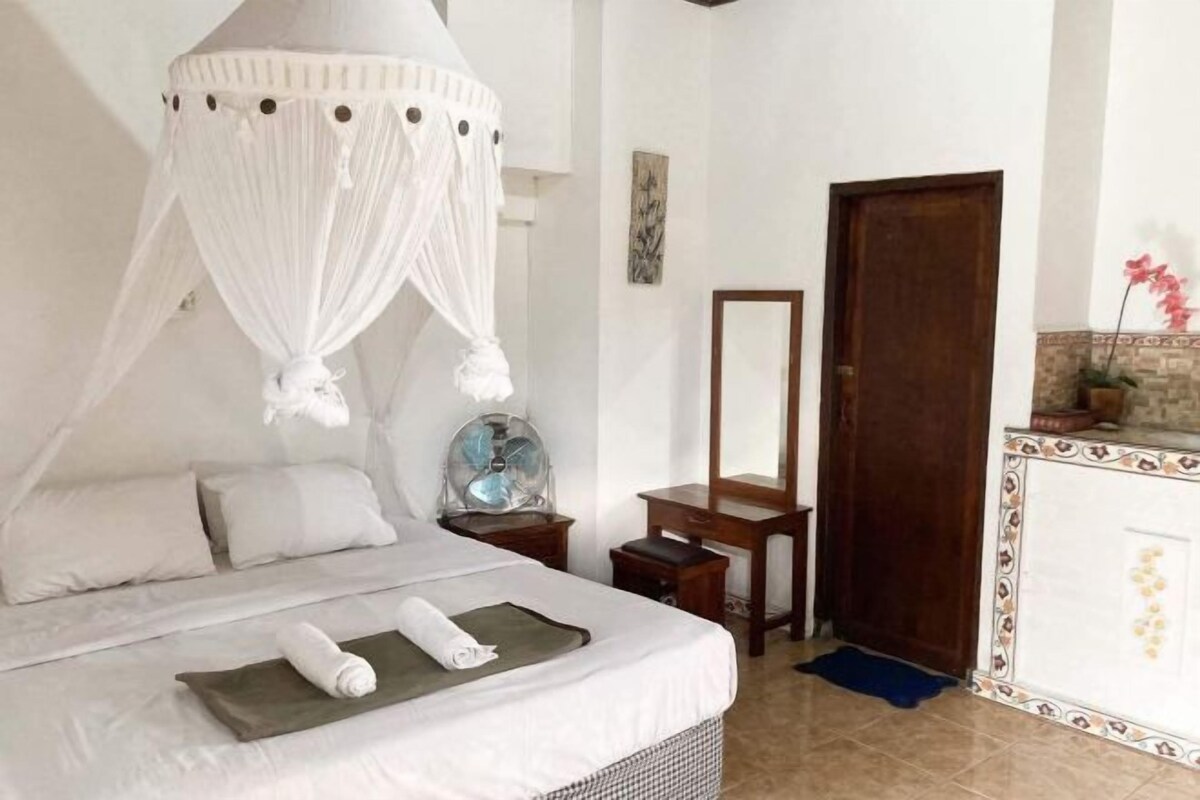 A bedroom with a canopy bed, a bedside table with a lamp, a mirror, and a wooden door.