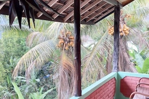A covered outdoor area with a brick wall and a wooden ceiling, surrounded by palm trees and greenery.