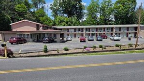 A motel with multiple parking spaces, a small garden area with shrubs, and a building with a flat roof. - The Edyn Hotel (Wytheville)
