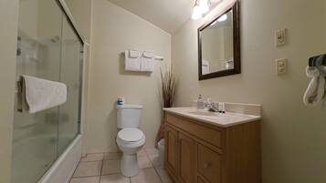 A bathroom with a glass shower enclosure, a toilet, a sink with a mirror, and wooden cabinets.