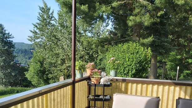 En balkon med et bord og stole, plantekasser og udsigt til et skovområde.