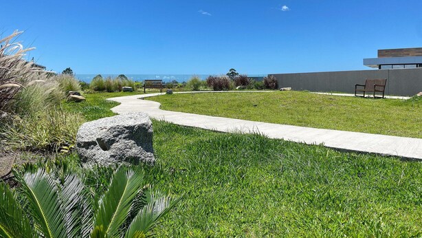 Un sendero de césped que conduce a un banco, con un edificio moderno al fondo.