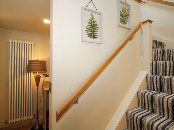 A staircase with striped carpet, a wooden handrail, and two framed botanical prints on the wall. - The Hideaway (Shrewsbury)