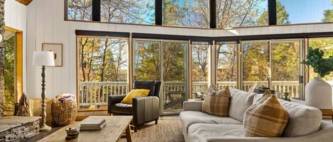 Televisión, chimenea, libros y oficina