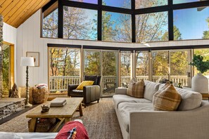 TV, fireplace, books, offices