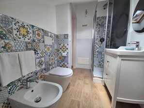 Shower, hair dryer, bidet, towels