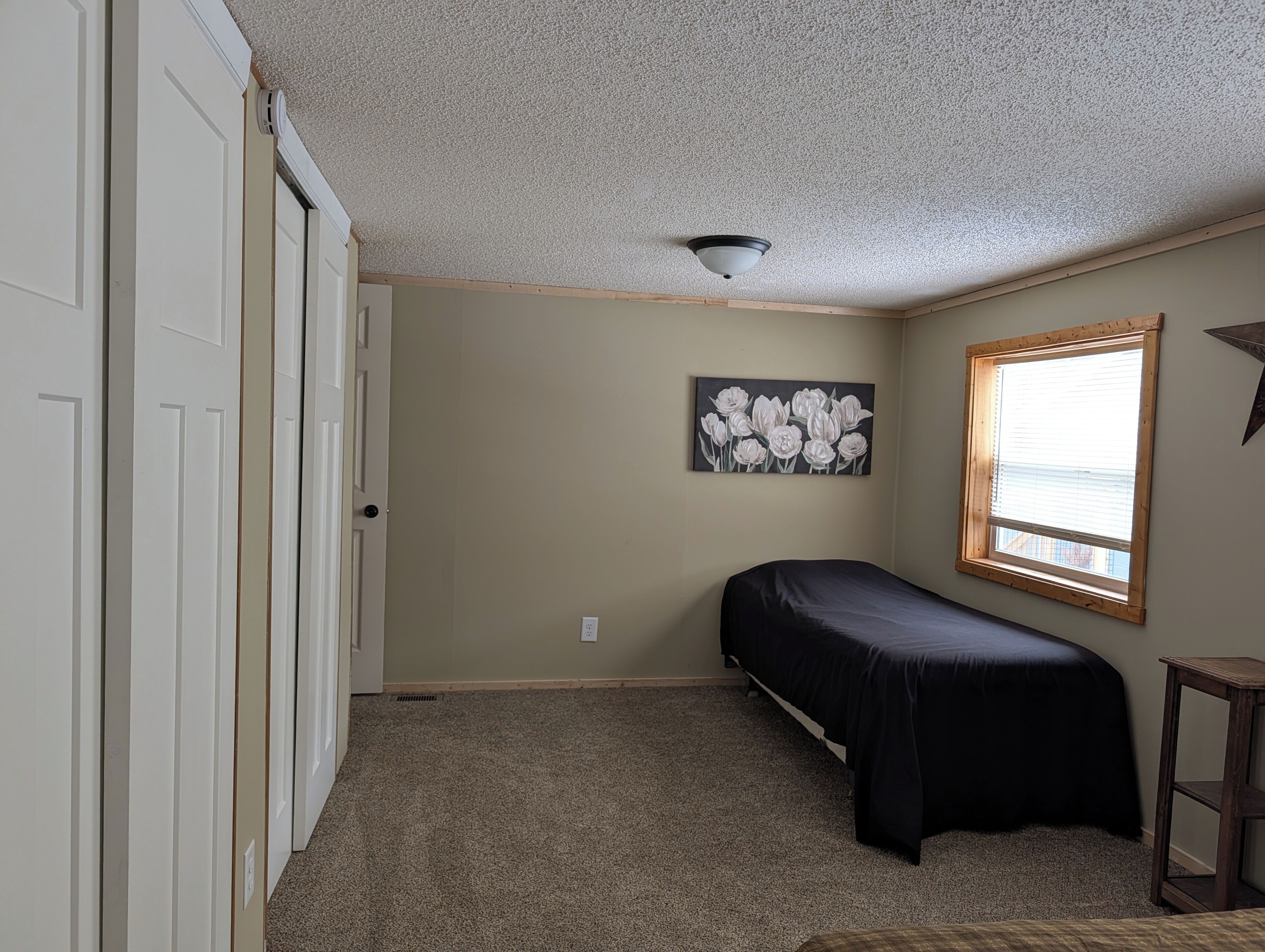 Une chambre avec un lit simple, une fenêtre avec des stores, un luminaire au plafond et un tableau accroché au mur.