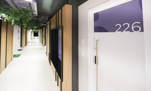 A hallway with a door labeled 226, a green sign on the floor, and a hanging plant.
