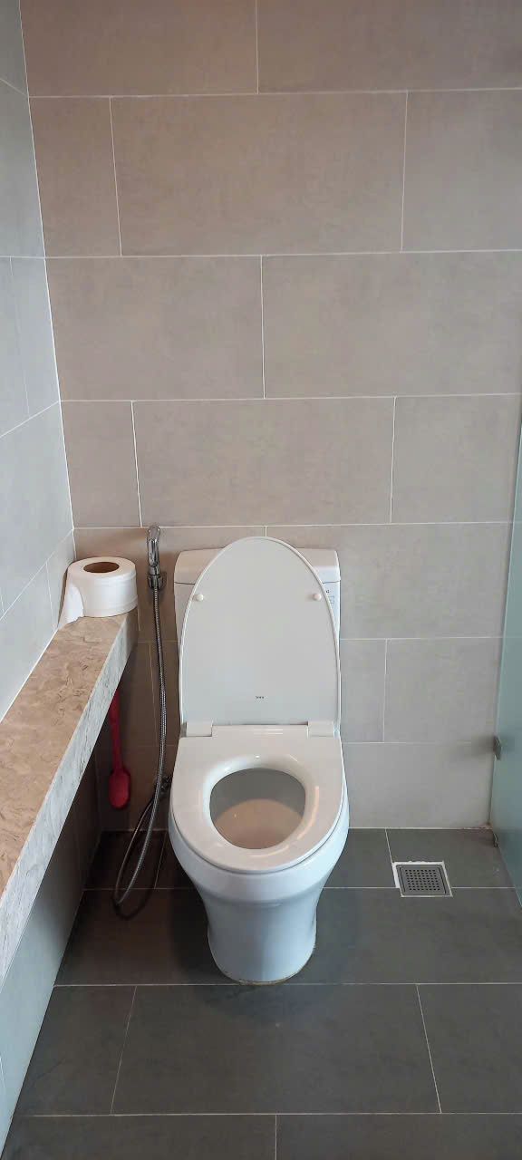 Une petite salle de bain comprenant des toilettes, une douche et un porte-rouleau de papier toilette sur le comptoir.