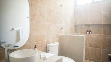 Shower, hair dryer, towels, soap