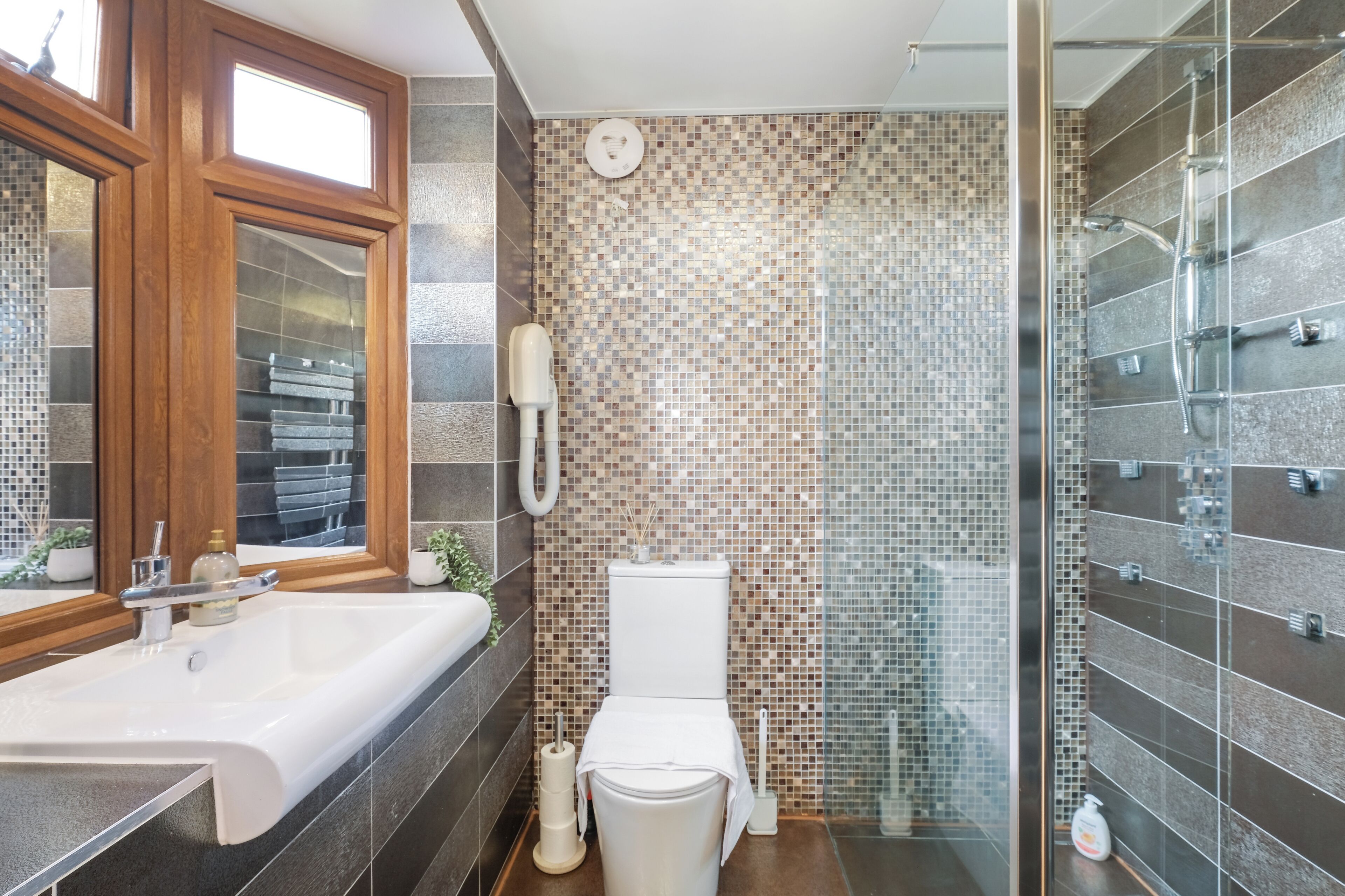 Hair dryer, towels, soap, toilet paper