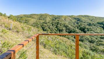 A wooden deck with a metal railing overlooking a hilly landscape.