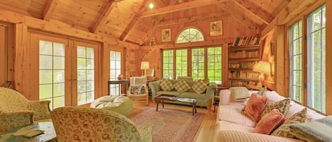 TV, fireplace, books