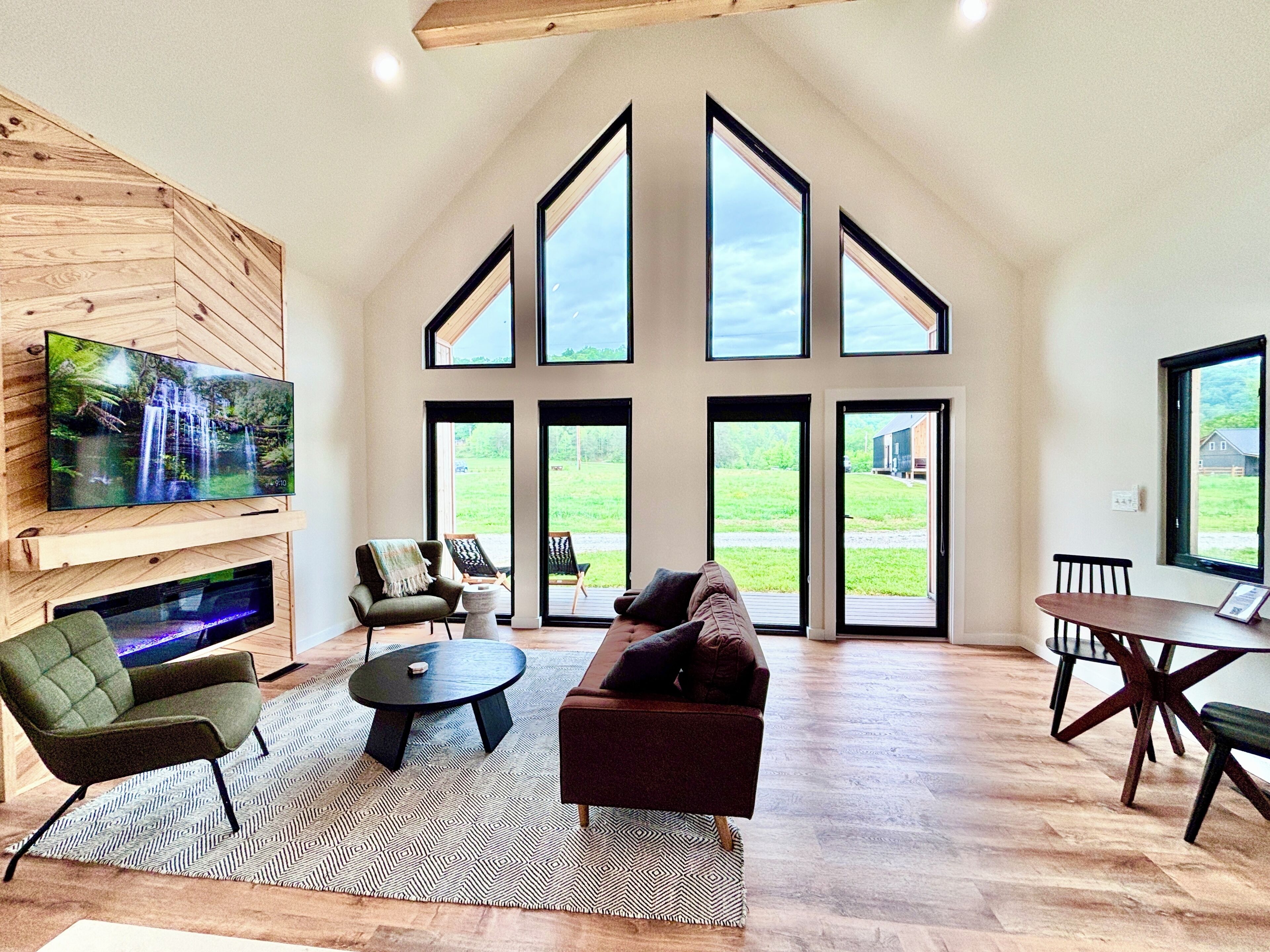 Smart TV, fireplace, books