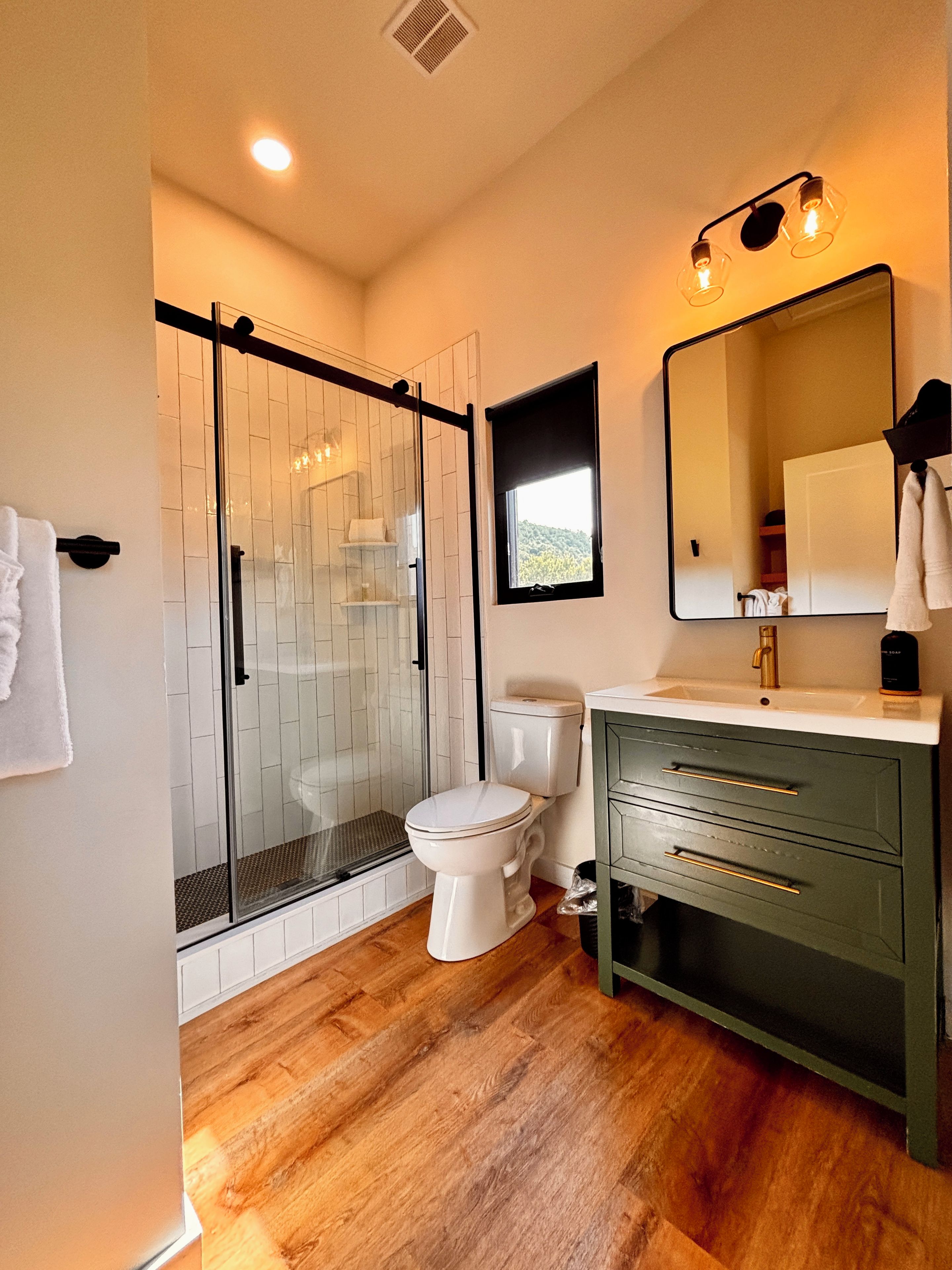 Hair dryer, towels, soap, shampoo