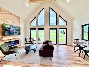 TV connectée, cheminée, livres