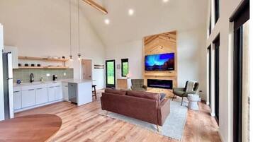 Smart TV, chimenea y libros