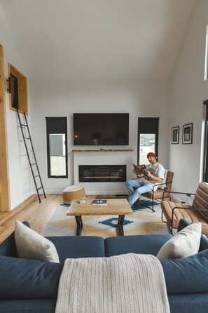 Smart TV, fireplace, books