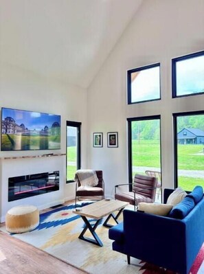 Smart TV, fireplace, books