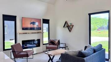 Smart TV, chimenea y libros