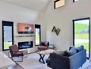 TV connectée, cheminée, livres