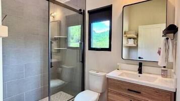 Hair dryer, towels, soap, shampoo