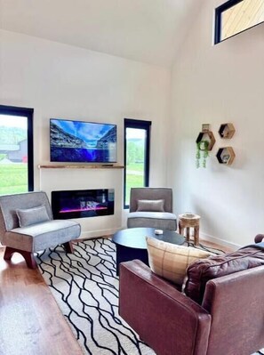 Una Smart TV, una chimenea, libros