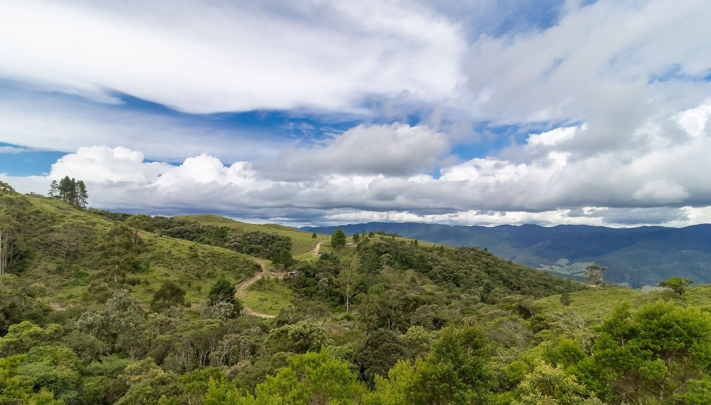 Un paisaje montañoso con vegetación densa y cielo despejado.