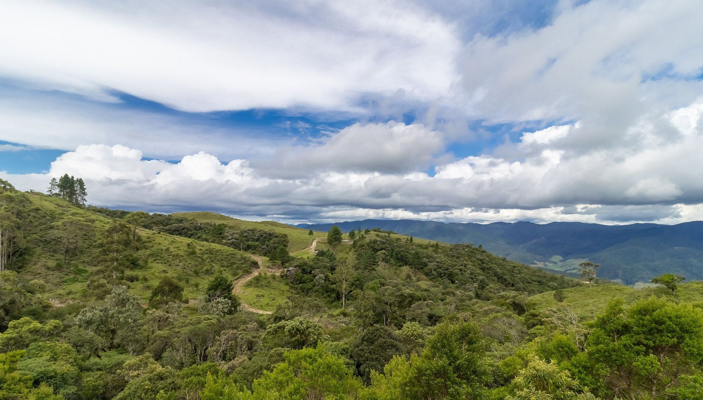 Un paisaje exuberante de colinas ondulantes y cielo despejado.