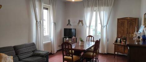 TV connectée, cheminée, livres, chaîne hi-fi