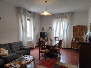 TV connectée, cheminée, livres, chaßne hi-fi