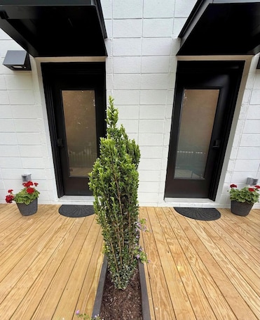 Exterior detail. Cozy Cure is a modern farmhouse Alcove studio in downtown Pilot Mountain