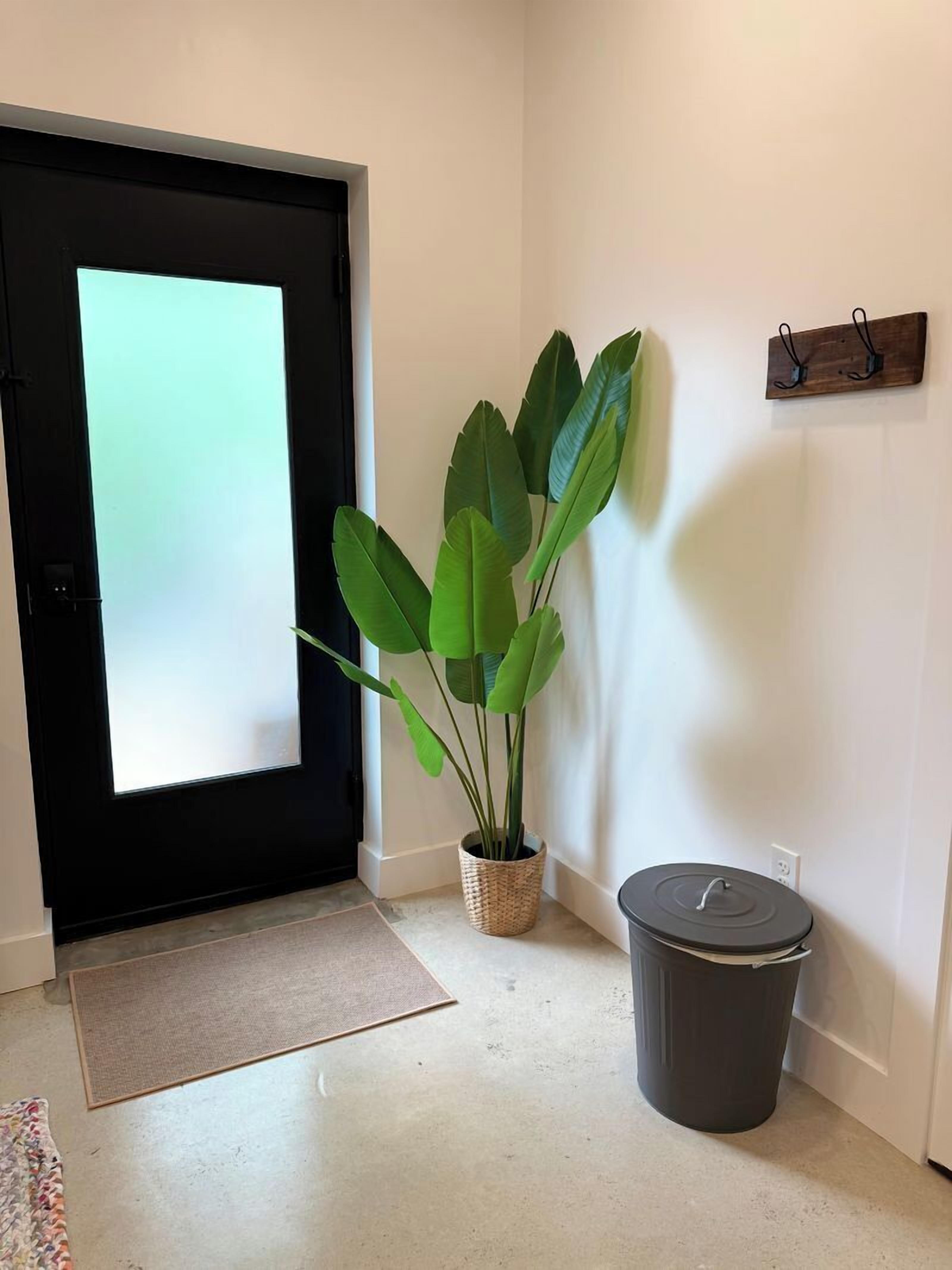 Un pasillo con una puerta, una planta en maceta, un cesto de basura y un gancho fijado a la pared.