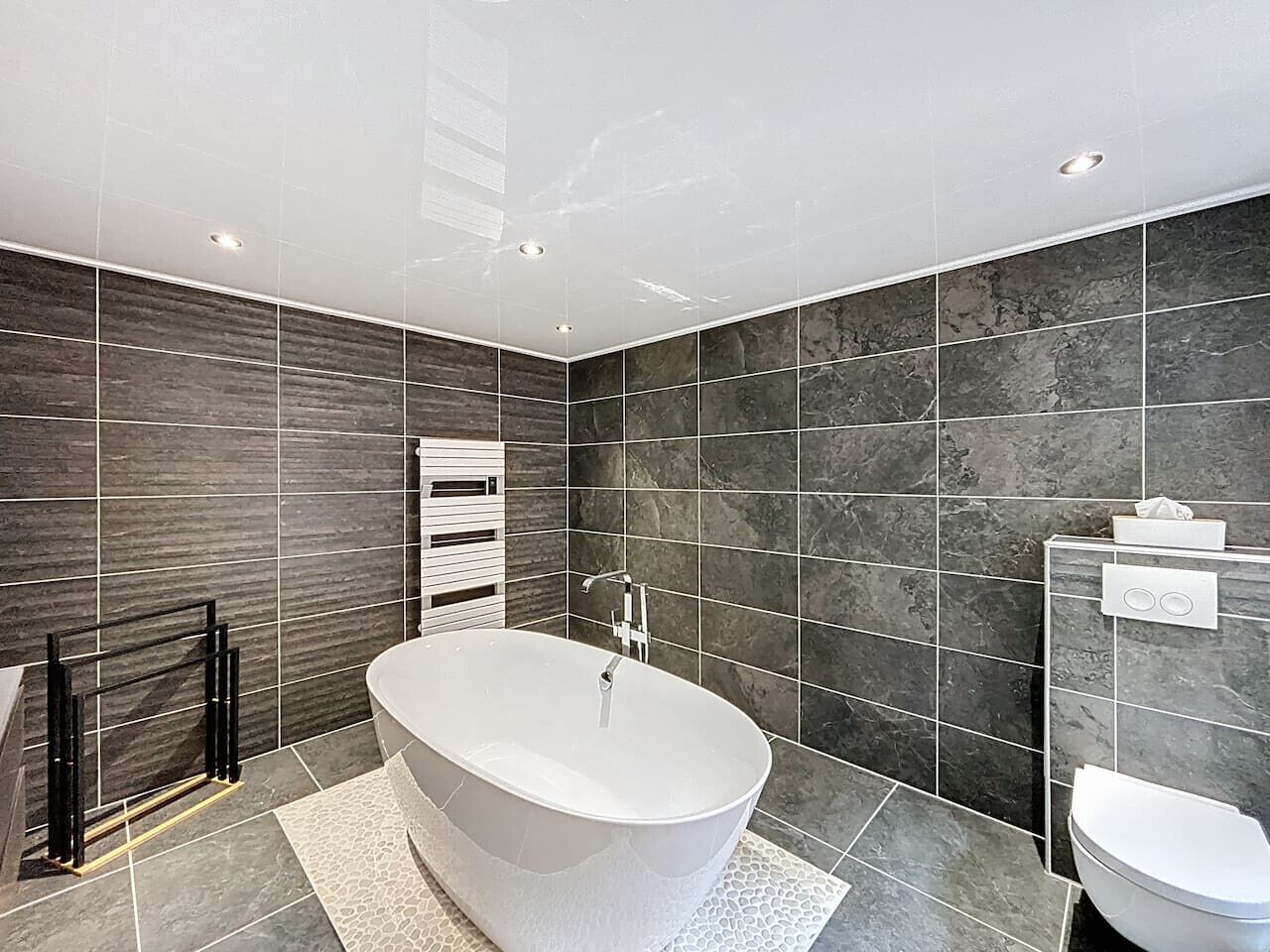 A modern bathroom with a freestanding bathtub, a toilet, and a towel rack.