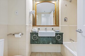 Hair dryer, towels, soap, shampoo