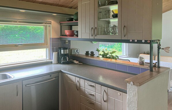 Fridge, stovetop, dishwasher, coffee/tea maker