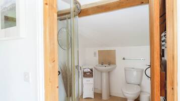 Une salle de bain avec une douche à parois de verre, un lavabo blanc et des toilettes.