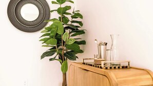 A room with a wooden cabinet, a potted plant, a round mirror, and a glass pitcher on the cabinet. - NEW in Downtown + free parking (Lexington)
