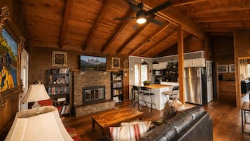 Flat-screen TV, fireplace
