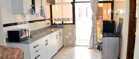 Fridge, microwave, oven, cookware/dishes/utensils