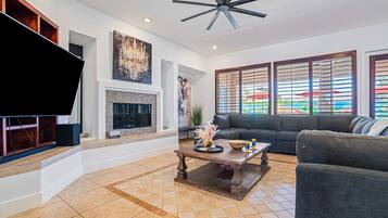 Villa, Patio, Pool View | Living room | 70-inch Smart TV with digital channels, video game console, Netflix