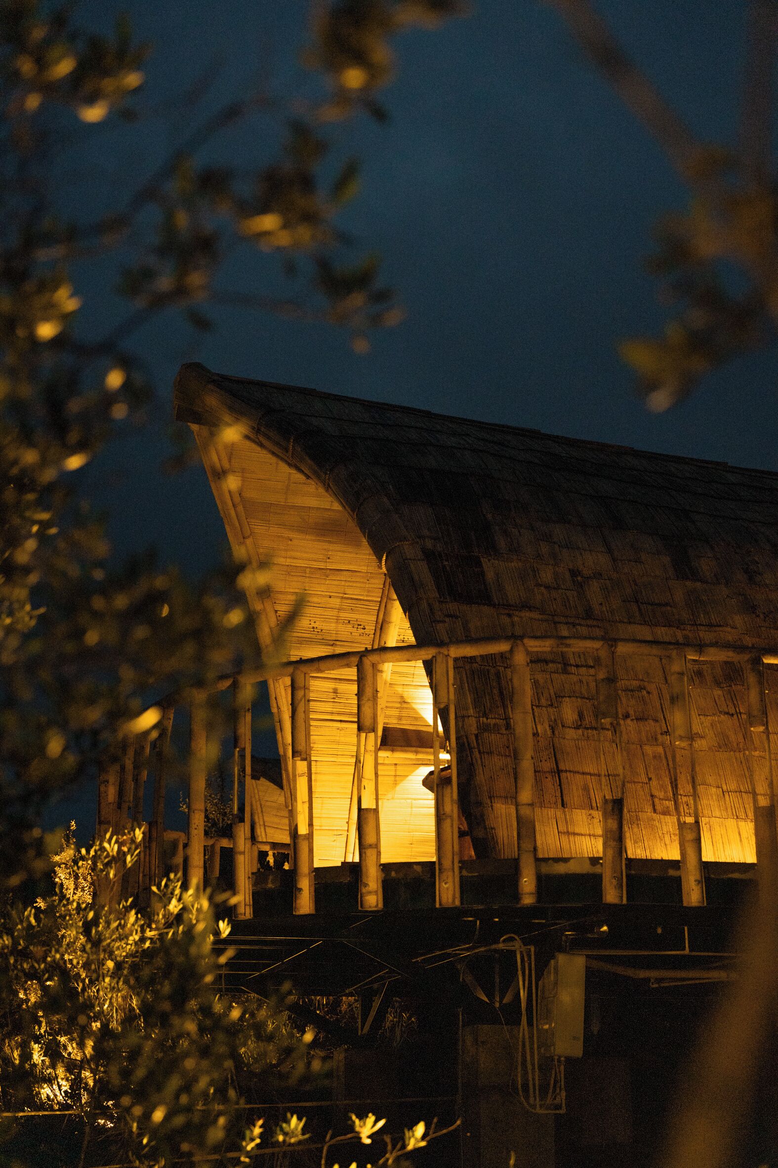 A wooden structure with a sloped roof, possibly a cabin or a small house, surrounded by foliage.