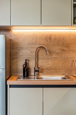 Fridge, oven, stovetop, coffee/tea maker