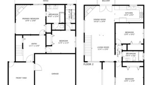 A floor plan of a two-story house with a patio, a garage, and a front yard on the first floor. The second floor includes a balcony, a dining room, a kitchen, a living room, a bathroom, and two bedrooms. - Cloud-Break Ridge | Pool, Spa - Epic Mountain Views (Malibu)